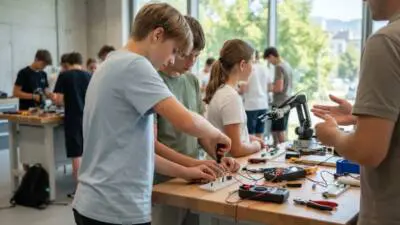 KI-Symbolbild: Jugendliche arbeiten an elektronischen Bauteilen.