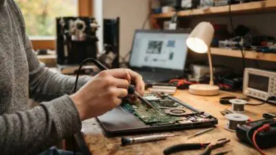 KI-generiertes Bild: Hände arbeiten mit einem Lötkolben an einem geöffneten Laptop auf einer Werkbank.