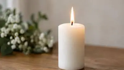 KI-generiertes Bild: Eine brennende weiße Stumpenkerze steht auf einem Holztisch neben unscharfen weißen Blumen.