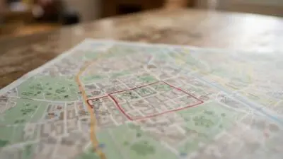 KI-generiertes Bild: Ein Stadtplan mit rot umrandetem Gebiet auf einem Tisch.