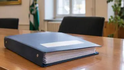 Ein blauer Aktenordner liegt auf einem Holztisch in einem Besprechungsraum.