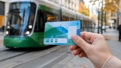 KI-generiertes Bild: Eine Hand hält eine blaue Fahrkarte vor einer grünen Straßenbahn.