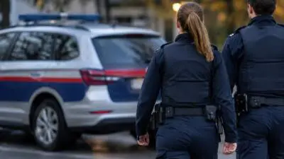 KI-Symbolbild: Dunkel uniformierte Personen gehen an einem silbernen Fahrzeug mit Blaulichtbalken vorbei.