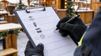 KI-Symbolbild: Eine behandschuhte Hand schreibt auf einer Checkliste vor winterlichen Marktständen.