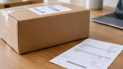 Ein Versandkarton mit Paketetikett liegt neben Versandpapieren auf einem Schreibtisch.
