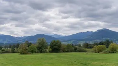 KI-generiertes Bild: Eine grüne Wiese vor bewaldeten Bergen unter dicht bewölktem Himmel.