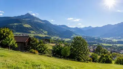 KI-Symbolbild: Sonniges Alpental mit grünen Wiesen und bewaldeten Bergen.