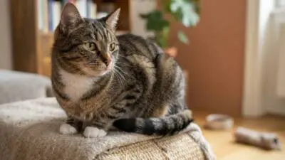 KI-generiertes Bild: Eine getigerte Katze sitzt auf einer Decke in einem Wohnraum.