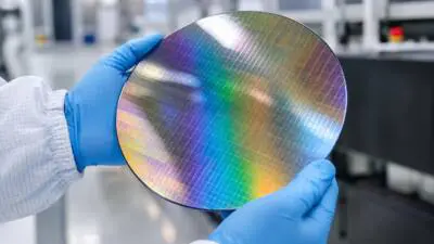 KI-Symbolbild: Blaue Handschuhe halten einen schillernden, fein gerasterten Wafer.
