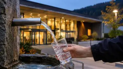 KI-Symbolbild: Eine Hand hält ein Glas unter den Wasserstrahl eines steinernen Brunnens.