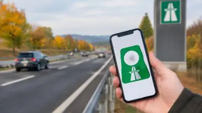 KI-Symbolbild: Eine Hand hält ein Smartphone mit grünem Autobahnsymbol vor einer Straße.