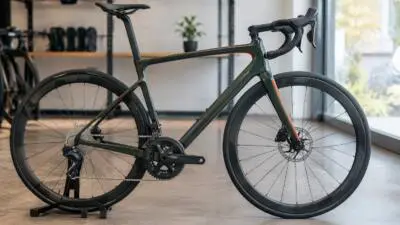 KI-generiertes Bild: Ein dunkles Rennrad mit orangefarbenen Akzenten steht in einem hellen Innenraum.