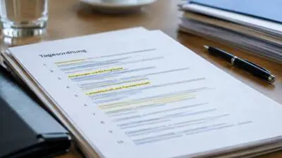 KI-generiertes Bild: Eine Tagesordnung mit gelb markierten Punkten liegt neben einem Stift auf einem Tisch.