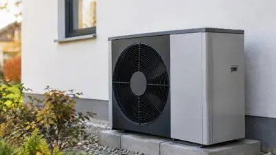 KI-generiertes Bild: Eine graue Wärmepumpe steht neben einer weißen Hauswand.