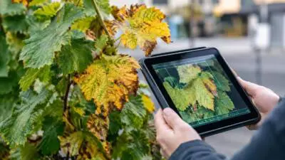 KI-Symbolbild: Verfärbte Weinblätter und ein Tablet mit digitaler Blattansicht.