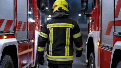 KI-generiertes Bild: Ein Feuerwehrmann in schwarzer Schutzkleidung steht zwischen roten Feuerwehrfahrzeugen.