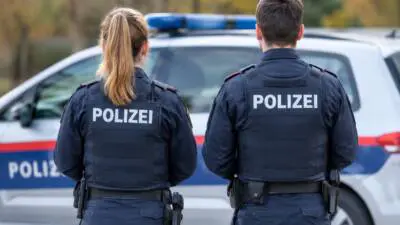 KI-generiertes Bild: Polizeikräfte in dunklen Uniformen stehen vor einem weiß-blauen Streifenwagen.