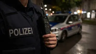 KI-generiertes Bild: Ein Polizeibeamter hält ein Funkgerät vor einem Streifenwagen auf einer nächtlichen Straße.