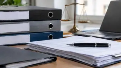 KI-generiertes Bild: Aktenordner, Dokumente und ein Stift liegen neben einer Waage und einem Laptop.
