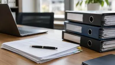 KI-generiertes Bild: Papierunterlagen mit Stift und Aktenordnern neben einem Laptop auf einem Schreibtisch.