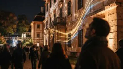 KI-generiertes Bild: Lichtprojektionen auf einer historischen Fassade und Besucher im nächtlichen Außenbereich.