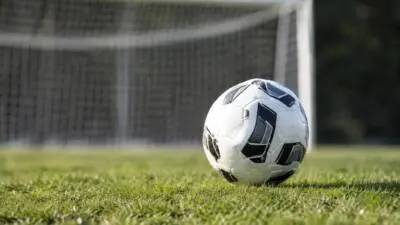 KI-generiertes Bild: Ein Fußball liegt auf grünem Rasen vor einem Tor.