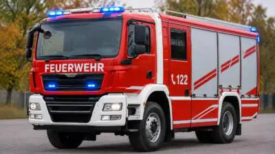 KI-generiertes Bild: Ein rotes Feuerwehrfahrzeug mit eingeschaltetem Blaulicht steht auf einer Straße.