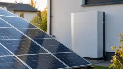 KI-Symbolbild: Solarmodule und ein weißer Speicher an einem Wohnhaus.
