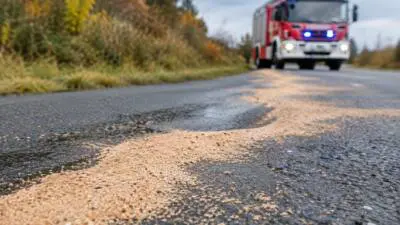 KI-Symbolbild: Ein rotes Feuerwehrfahrzeug steht auf einer Straße neben einer hellen Streuung.