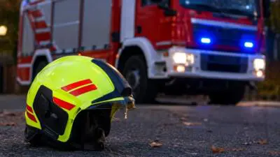 KI-Symbolbild: Ein gelber Schutzhelm vor einem roten Einsatzfahrzeug mit blauem Signallicht.