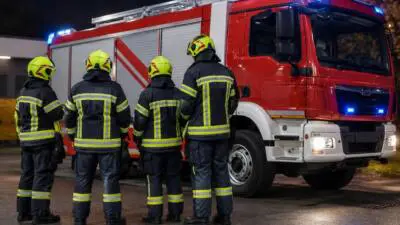KI-Symbolbild: Personen in Schutzkleidung stehen vor einem roten Einsatzfahrzeug mit Blaulicht.