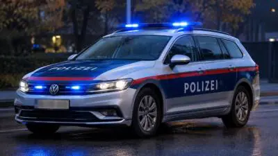 KI-generiertes Bild: Ein silber-blaues Polizeiauto mit eingeschaltetem Blaulicht steht auf einer nassen Straße.