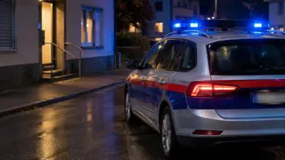 KI-generiertes Bild: Ein silberner Kombi mit blauem Blinklicht steht nachts vor einem beleuchteten Gebäude.
