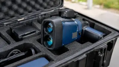 Blaues optisches Messgerät liegt in einem geöffneten schwarzen Transportkoffer mit Schaumstoffeinlage.