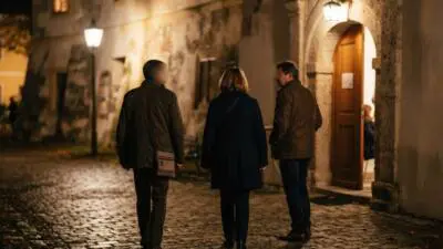 KI-generiertes Bild: Menschen auf einer gepflasterten Gasse vor einem beleuchteten Hauseingang.