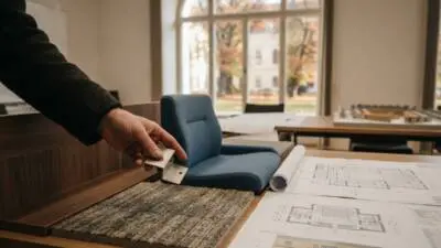 KI-generiertes Bild: Eine Hand hält ein blaues Sitzmuster über Bauplänen.