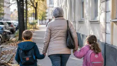 KI-Symbolbild: Eine ältere Frau geht mit Kindern an der Hand über einen Gehweg.