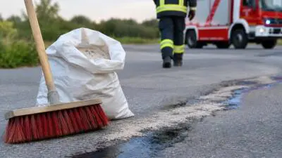 Ein Besen und ein offener Sack mit hellem Granulat neben einer dunklen Spur auf der Straße