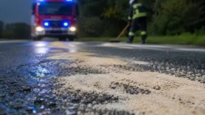 Helles Granulat liegt auf einer nassen Straße; eine Person in Schutzkleidung arbeitet daneben, ein rotes Fahrzeug steht dahinter.