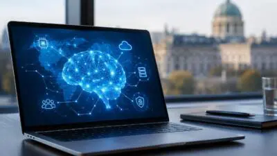 KI-generiertes Bild: Ein Laptop zeigt eine leuchtende Gehirngrafik vor einer unscharfen Stadtkulisse.