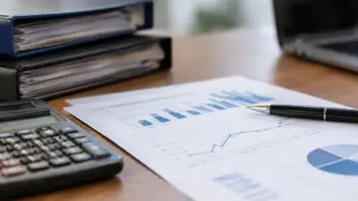 KI-generiertes Bild: Finanzdiagramme auf Papier neben Taschenrechner, Stift und Aktenablagen.