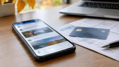 KI-Symbolbild: Smartphone mit geöffneter Online-Seite, Bankkarte und Unterlagen auf einem Schreibtisch.