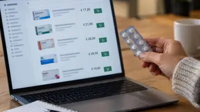 KI-generiertes Bild: Eine Hand hält eine Tablettenblisterpackung neben einem Laptop mit Produktpreisen.