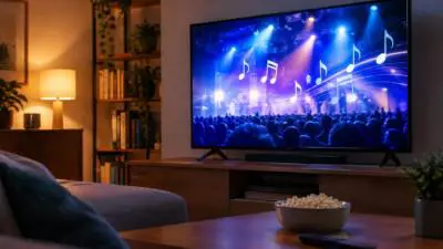 Fernseher zeigt eine beleuchtete Konzertbühne mit Publikum und schwebenden Musiknoten im Wohnzimmer