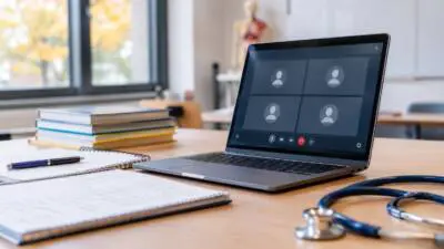 KI-generiertes Bild: Ein Laptop zeigt eine Videokonferenzansicht neben Büchern, Heften und einem Stethoskop.