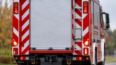 KI-generiertes Bild: Rückansicht eines roten Lastwagens mit weiß-roten Markierungen am Straßenrand.