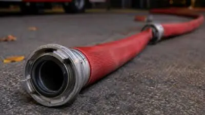 KI-Symbolbild: Ein roter Schlauch mit Metallkupplung liegt auf Asphalt.