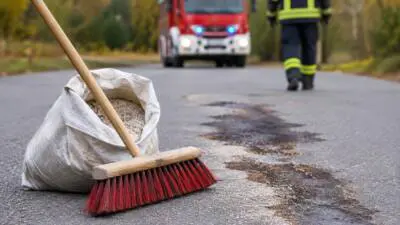 KI-Symbolbild: Besen und Sack mit körnigem Material neben einer Flüssigkeitsspur auf einer Straße.