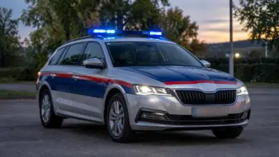 Silberner Kombi mit rot-blauer Kennzeichnung und eingeschaltetem Blaulicht auf einer Straße