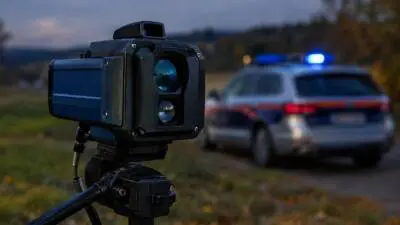 KI-Symbolbild: Ein Geschwindigkeitsmessgerät auf Stativ vor einem Fahrzeug mit blauem Blinklicht.